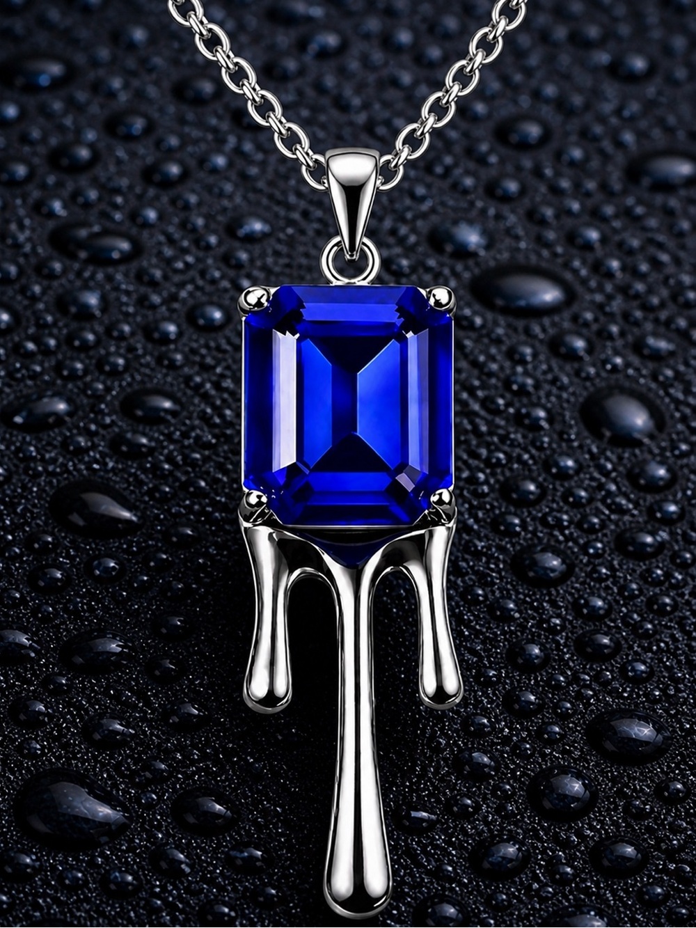 Dripping Baguette~ Blue Sapphire Liquid Metal Lava Droplet Vampire Edgy Necklace